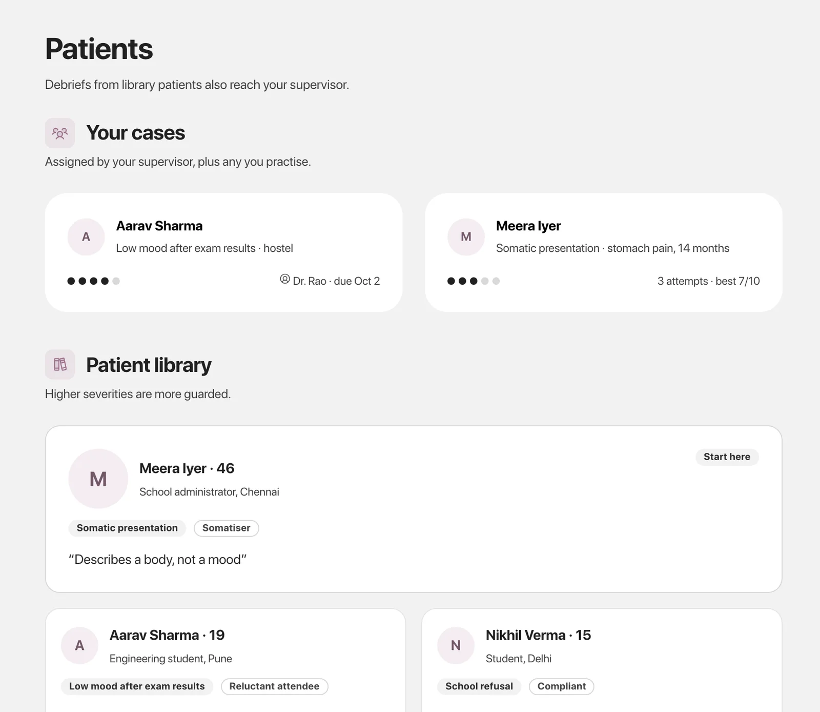 The Patients screen: assigned cases with due dates above the patient library